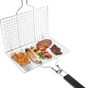 Grill Basket for Outdoor Grill, Stainless Steel Foldable Grilling Baskets with Handle, Portable Grilling Rack with Carry Bag