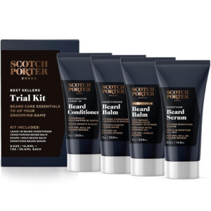 Scotch Porter 4-Piece Beard Trial Kit | Includes Conditioner, Conditioning Balm, Shape + Hold Balm and Serum | 4 1oz Tubes |