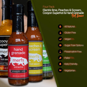 Merfs Condiments Gourmet Hot Sauce Gift Variety Pack. Medium & Super Hot. Lime, Peach, Pineapple & Habanero. All Natural, Vegan,